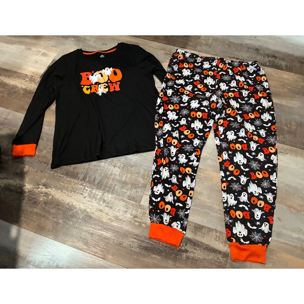 Way to Celebrate Halloween Boo Crew Ghost Pajama Set Black Orange L 12-14